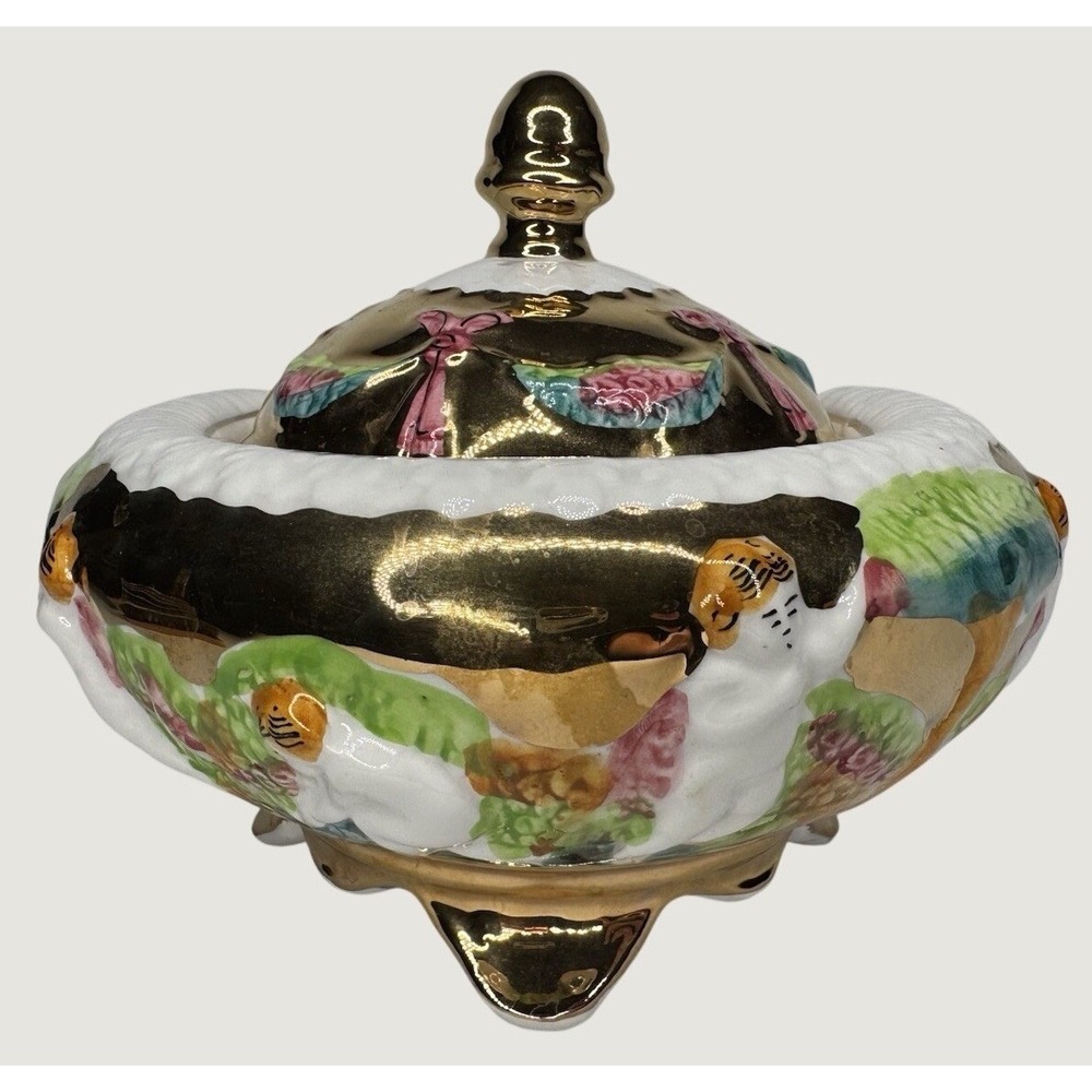 Vintage Capodimonte Italy Gilded Cherub Porcelain Centerpiece Bowl Lid Stamped